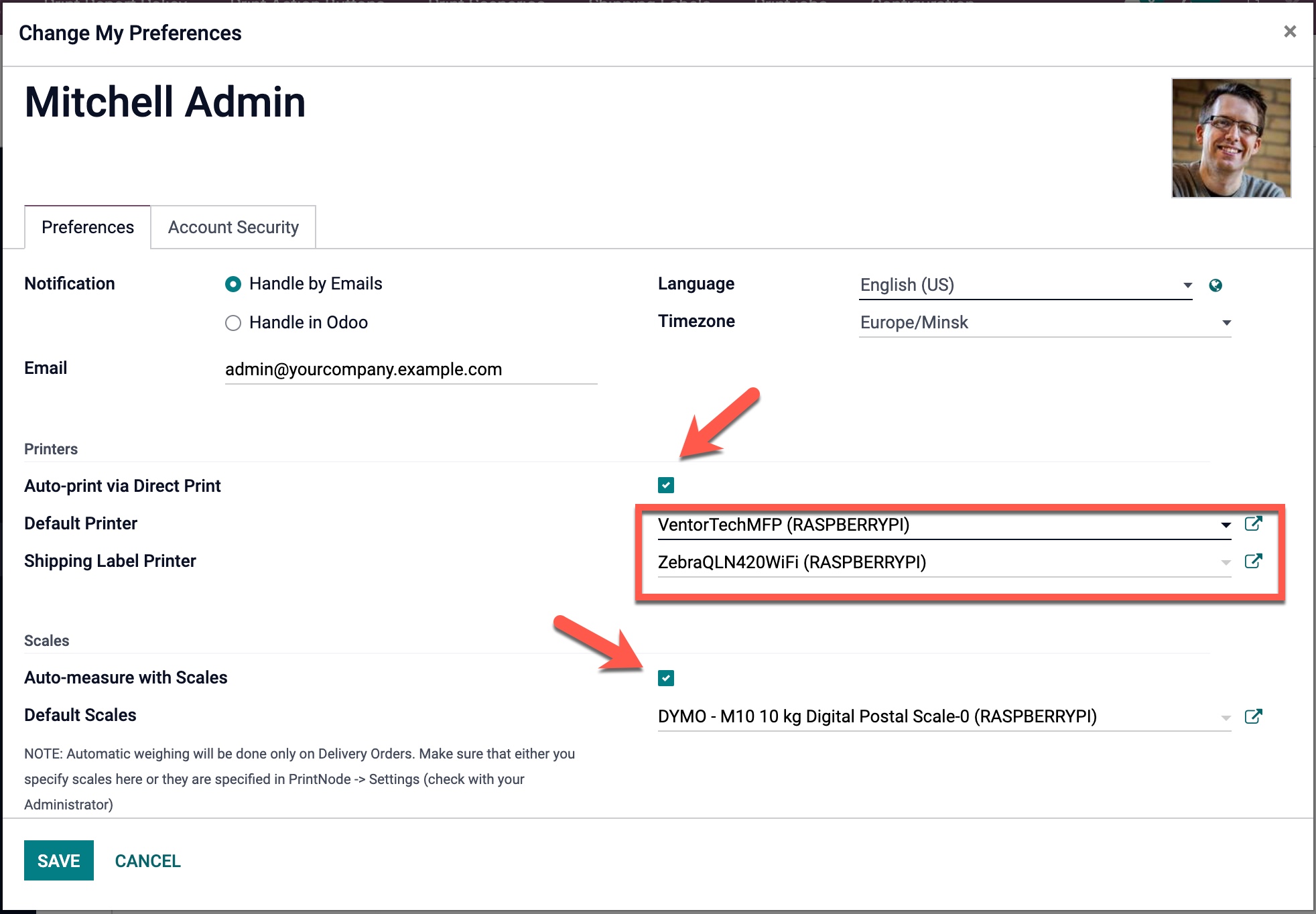 Per-user printer preferences in Odoo, with Auto-print via Direct Print ticked