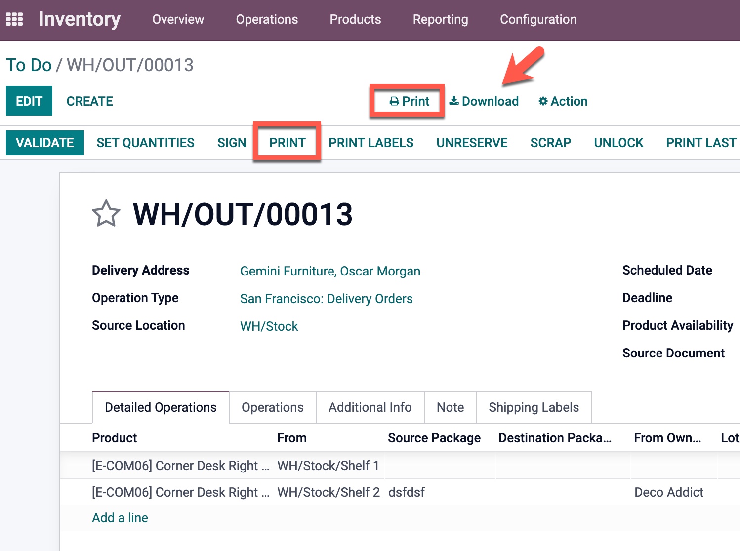 The print button on an Odoo document